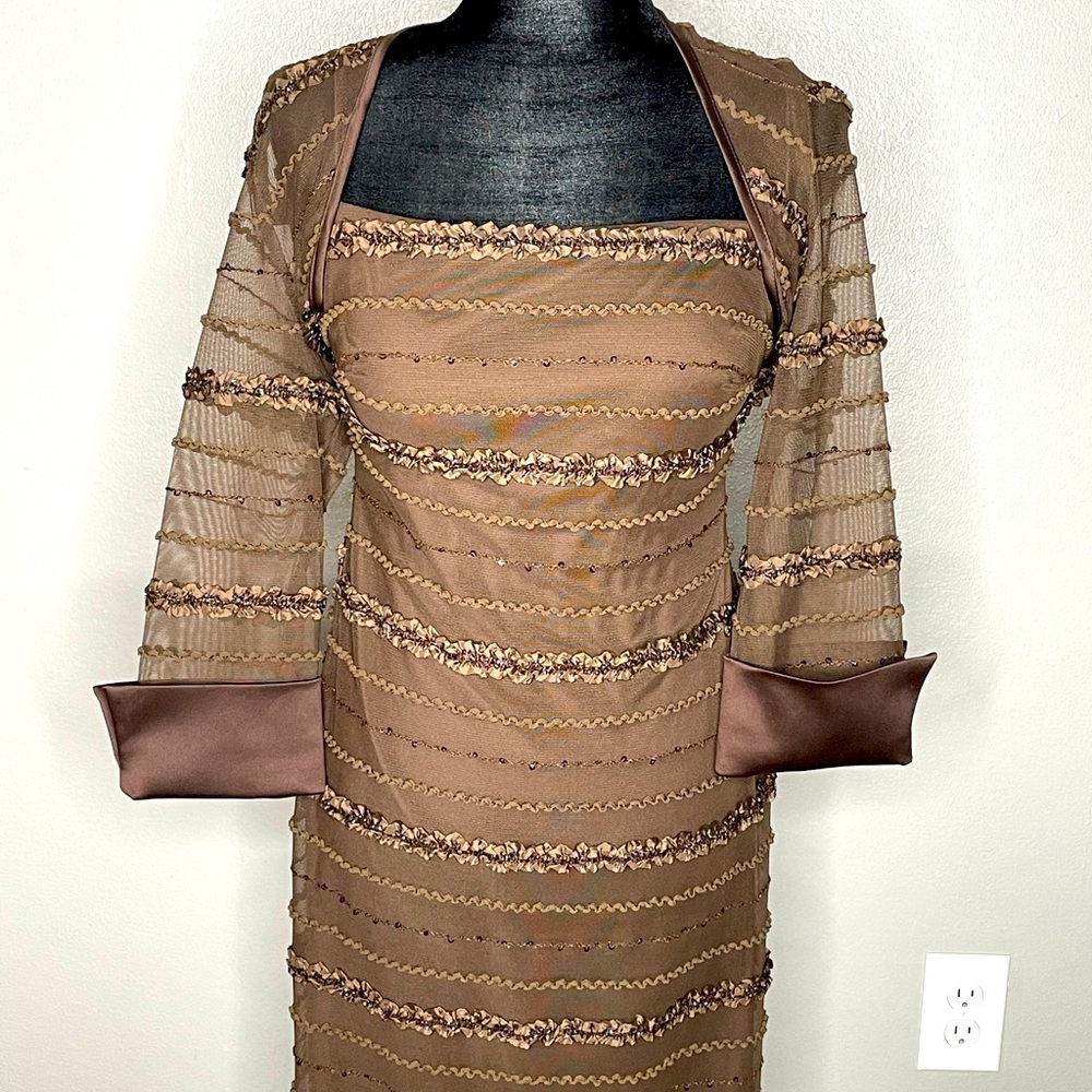 JS Collections Brown Sequin Dress Petite with 3/4 Sleeve Sheer Bolero | Size 8P